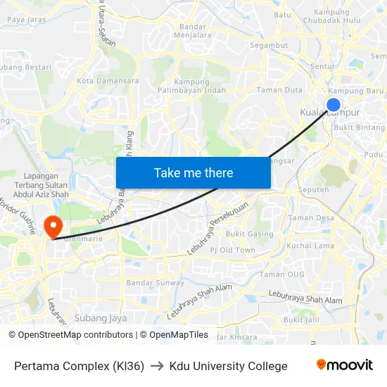 Pertama Complex (Kl36) to Kdu University College map