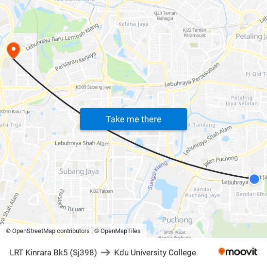 LRT Kinrara Bk5 (Sj398) to Kdu University College map