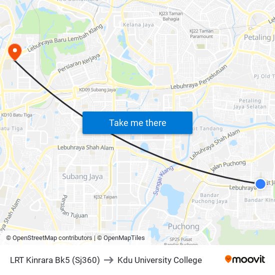 LRT Kinrara Bk5 (Sj360) to Kdu University College map