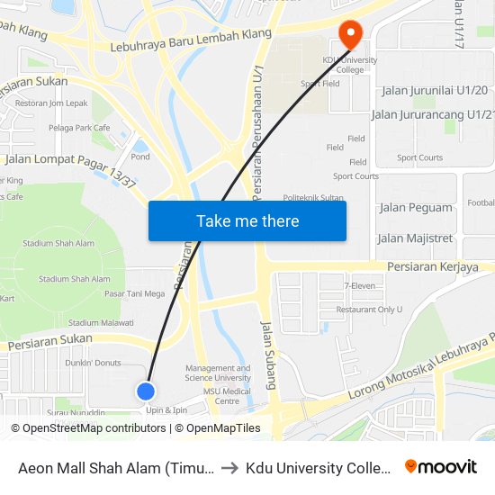 Aeon Mall Shah Alam (Timur) to Kdu University College map