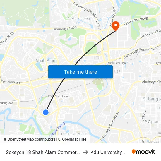 Seksyen 18 Shah Alam Commercial Centre to Kdu University College map