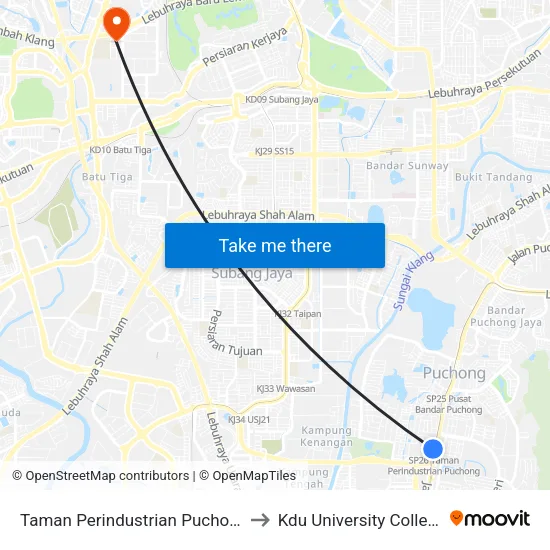 Taman Perindustrian Puchong to Kdu University College map