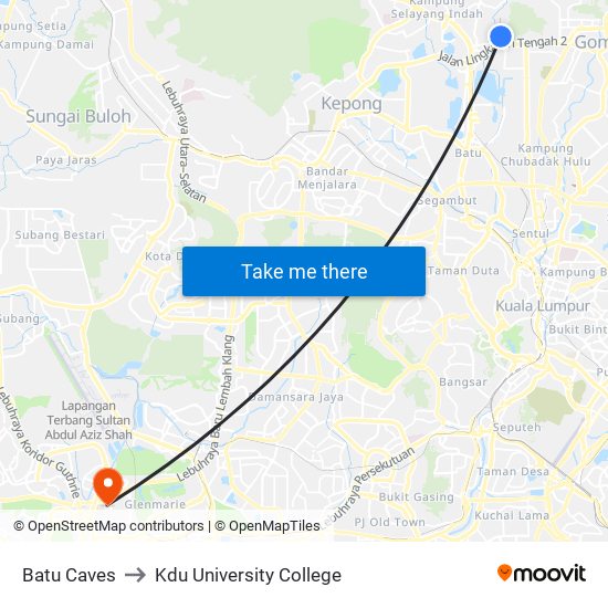 Batu Caves to Kdu University College map