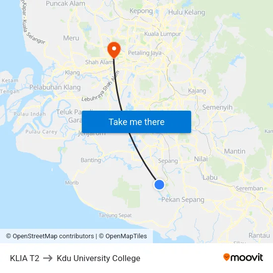 KLIA T2 to Kdu University College map