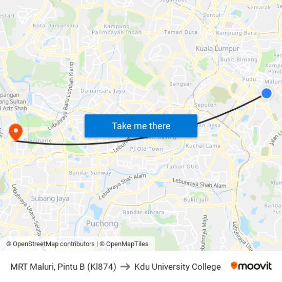 MRT Maluri, Pintu B (Kl874) to Kdu University College map