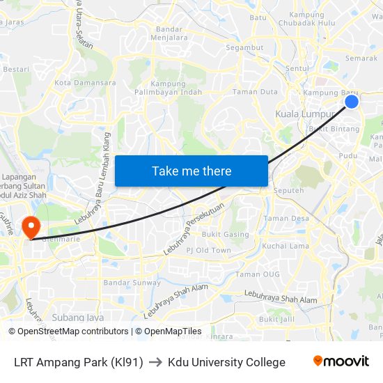 LRT Ampang Park (Kl91) to Kdu University College map