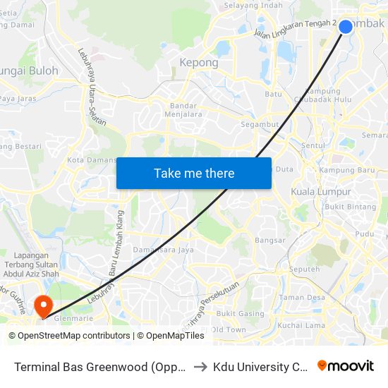 Terminal Bas Greenwood (Opp) (Sl212) to Kdu University College map