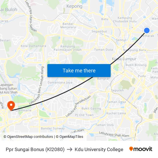 Ppr Sungai Bonus (Kl2080) to Kdu University College map