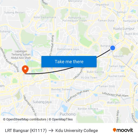 LRT Bangsar (Kl1117) to Kdu University College map