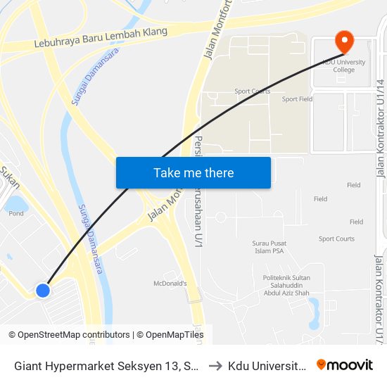 Giant Hypermarket Seksyen 13, Shah Alam (Sa947) to Kdu University College map