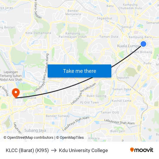 KLCC (Barat) (Kl95) to Kdu University College map