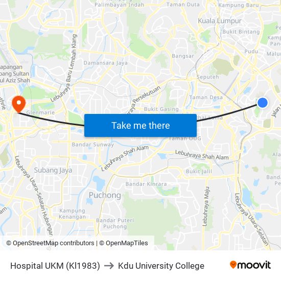 Hospital UKM (Kl1983) to Kdu University College map