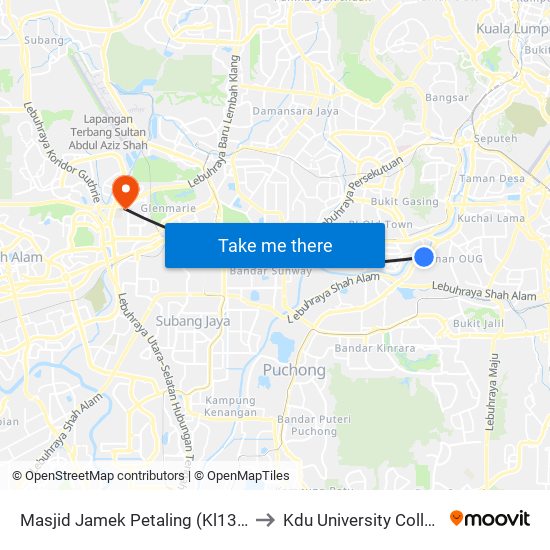 Masjid Jamek Petaling (Kl1345) to Kdu University College map