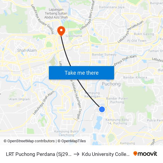 LRT Puchong Perdana (Sj299) to Kdu University College map