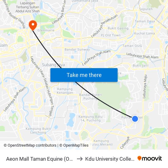 Aeon Mall Taman Equine (Opp) to Kdu University College map