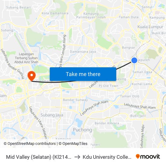Mid Valley (Selatan) (Kl2148) to Kdu University College map