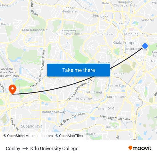 Conlay to Kdu University College map