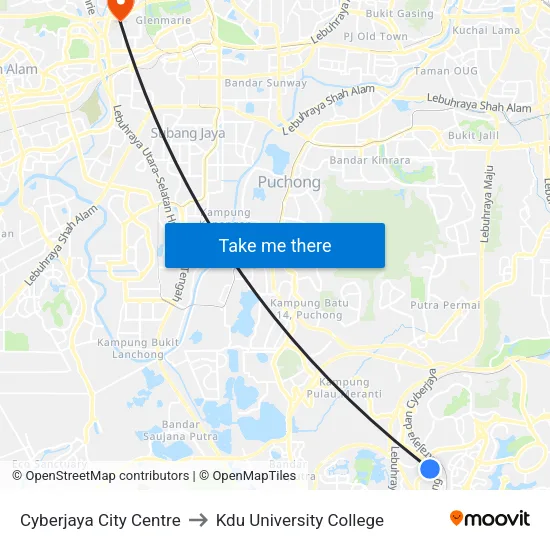Cyberjaya City Centre to Kdu University College map