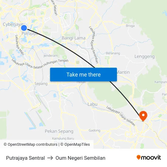 Putrajaya Sentral to Oum Negeri Sembilan map