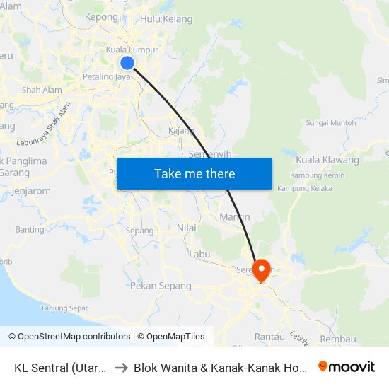 KL Sentral (Utara) (Kl1077) to Blok Wanita & Kanak-Kanak Hospital Tuanku Ja'Afar map