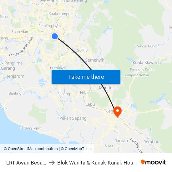 LRT Awan Besar (Kl2324) to Blok Wanita & Kanak-Kanak Hospital Tuanku Ja'Afar map