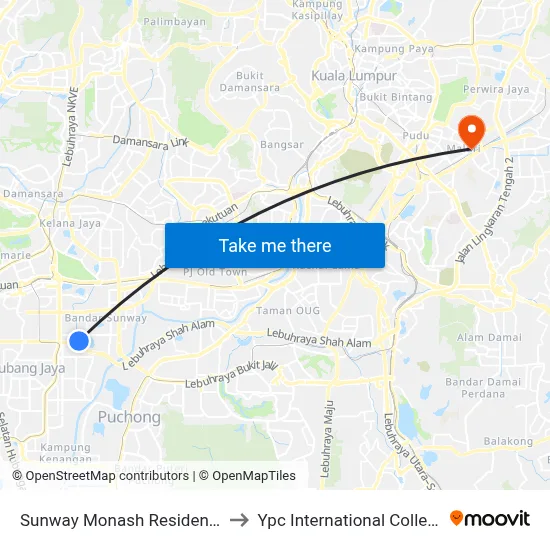 Sunway Monash Residence to Ypc International College map