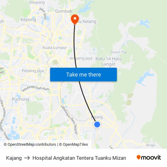 Kajang to Hospital Angkatan Tentera Tuanku Mizan map