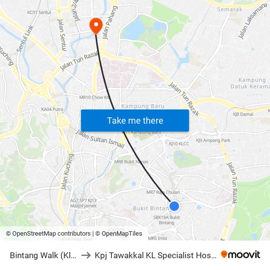 Bintang Walk (Kl85) to Kpj Tawakkal KL Specialist Hospital map