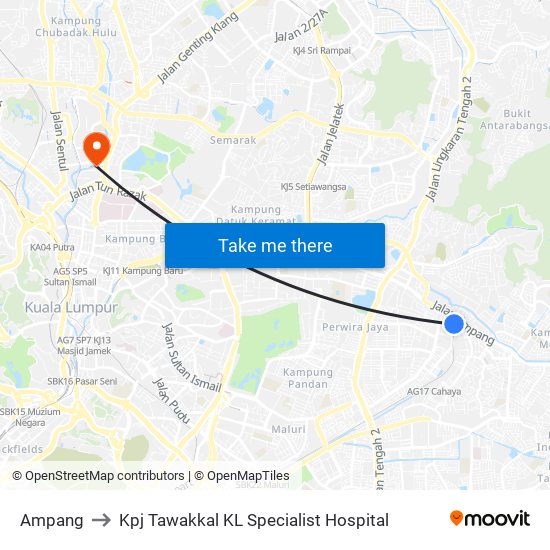 Ampang to Kpj Tawakkal KL Specialist Hospital map