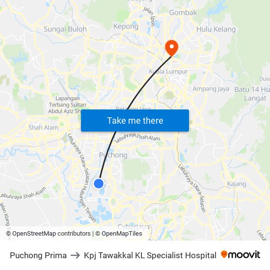 Puchong Prima to Kpj Tawakkal KL Specialist Hospital map