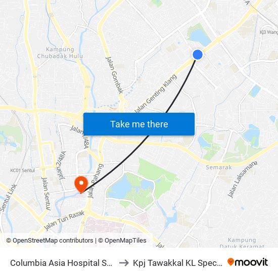 Columbia Asia Hospital Setapak (Kl1598) to Kpj Tawakkal KL Specialist Hospital map