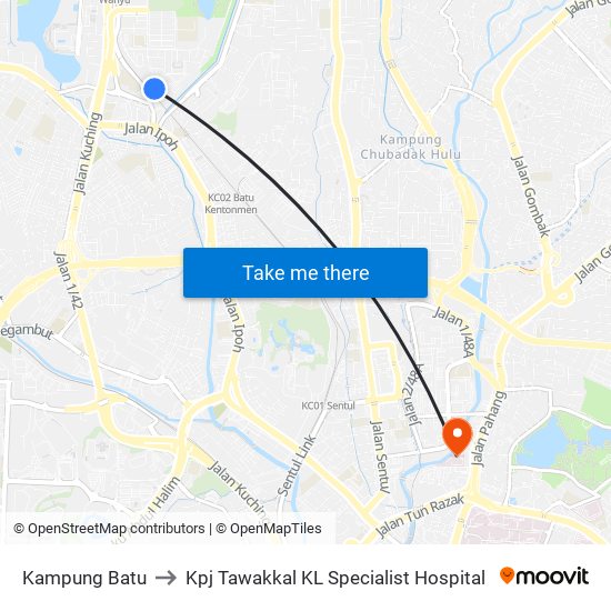 Kampung Batu to Kpj Tawakkal KL Specialist Hospital map