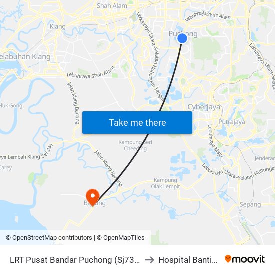 LRT Pusat Bandar Puchong (Sj735) to Hospital Banting map