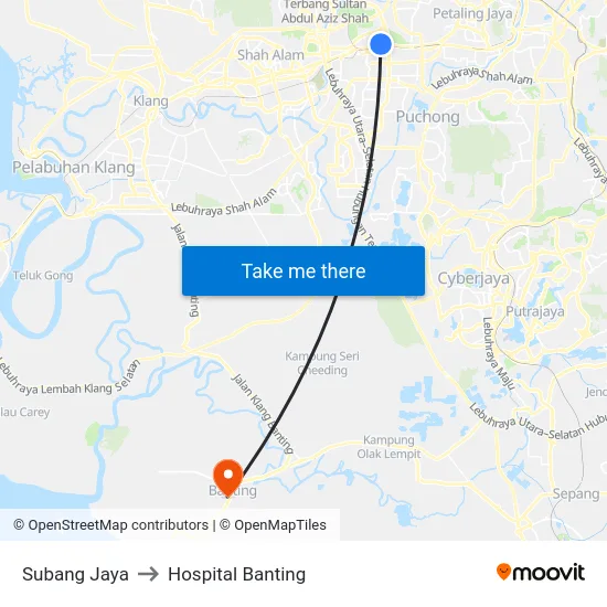 Subang Jaya to Hospital Banting map