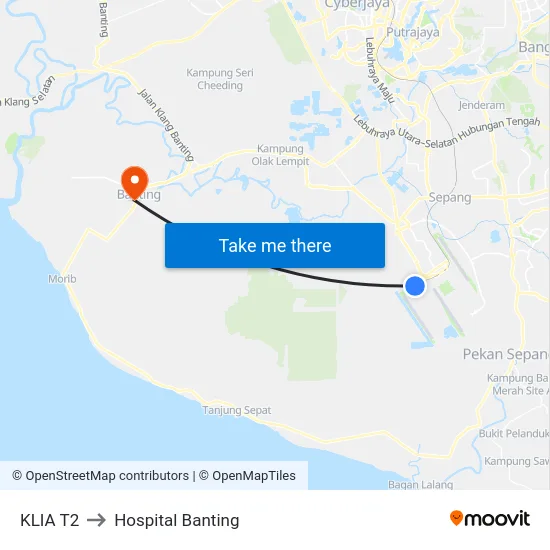 KLIA T2 to Hospital Banting map