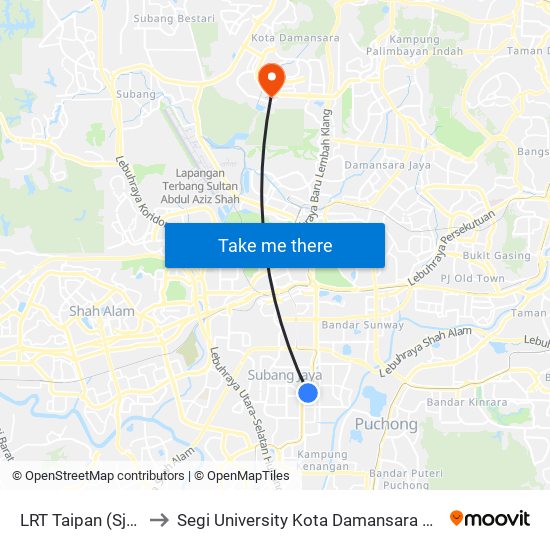 LRT Taipan (Sj546) to Segi University Kota Damansara Campus map