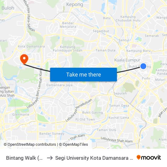Bintang Walk (Kl85) to Segi University Kota Damansara Campus map