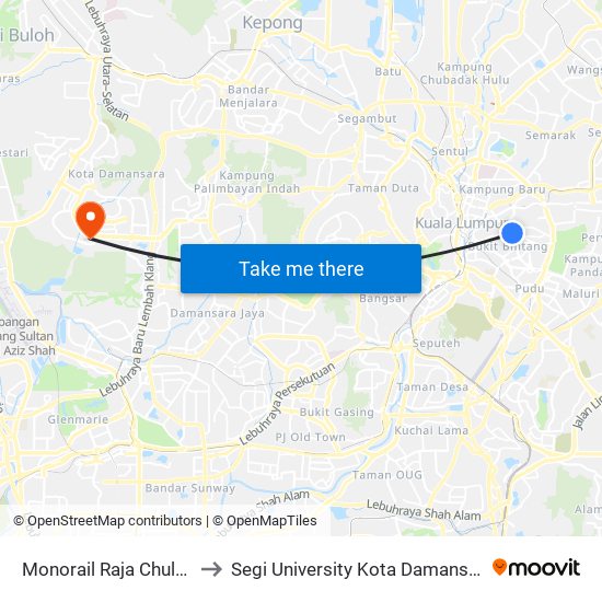 Monorail Raja Chulan (Kl22) to Segi University Kota Damansara Campus map