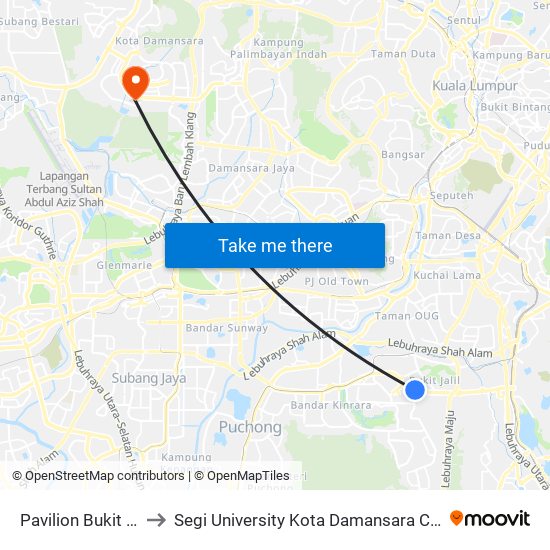 Pavilion Bukit Jalil to Segi University Kota Damansara Campus map