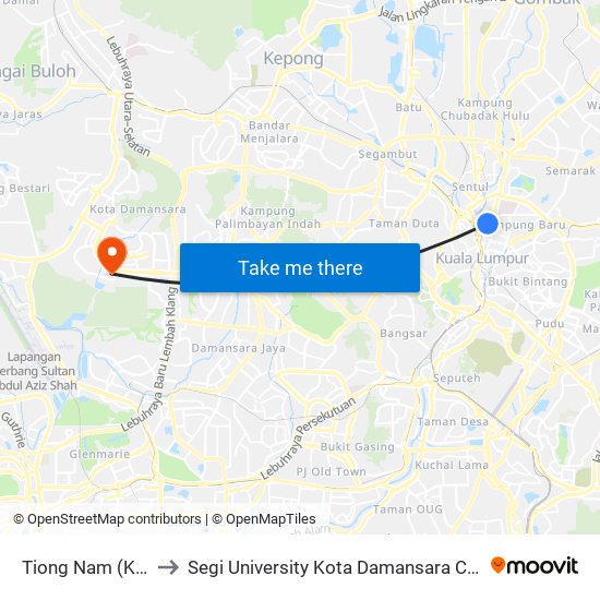 Tiong Nam (Kl42) to Segi University Kota Damansara Campus map
