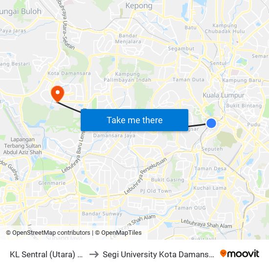 KL Sentral (Utara) (Kl1077) to Segi University Kota Damansara Campus map
