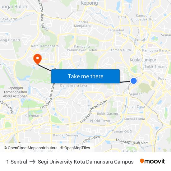 1 Sentral to Segi University Kota Damansara Campus map
