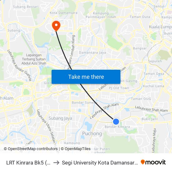 LRT Kinrara Bk5 (Sj360) to Segi University Kota Damansara Campus map