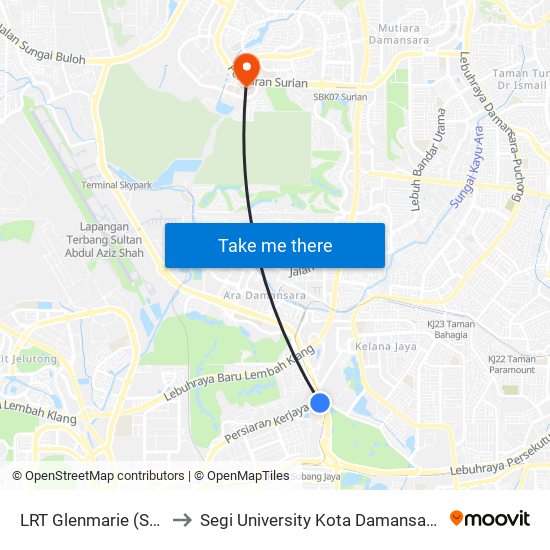 LRT Glenmarie (Sa1069) to Segi University Kota Damansara Campus map