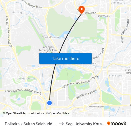 Politeknik Sultan Salahuddin Abdul Aziz Shah (Selatan) to Segi University Kota Damansara Campus map
