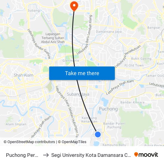 Puchong Perdana to Segi University Kota Damansara Campus map