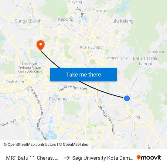 MRT Batu 11 Cheras, Pintu A (Kj755) to Segi University Kota Damansara Campus map