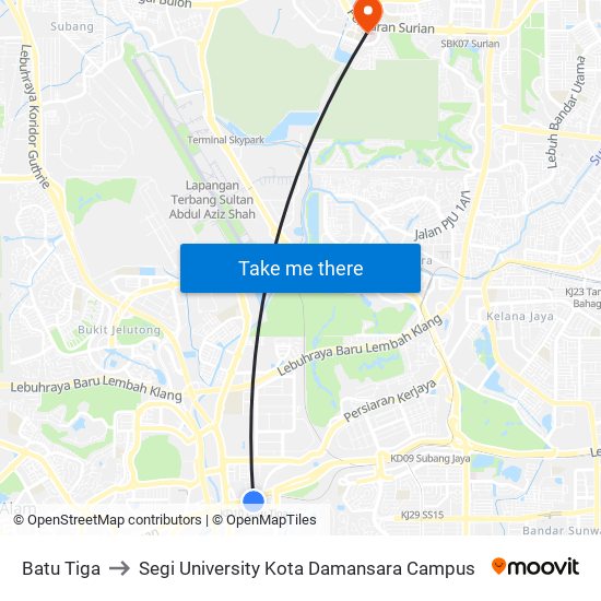 Batu Tiga to Segi University Kota Damansara Campus map