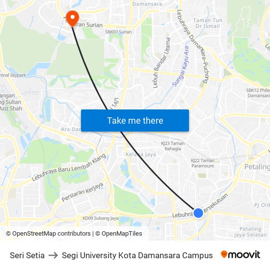 Seri Setia to Segi University Kota Damansara Campus map