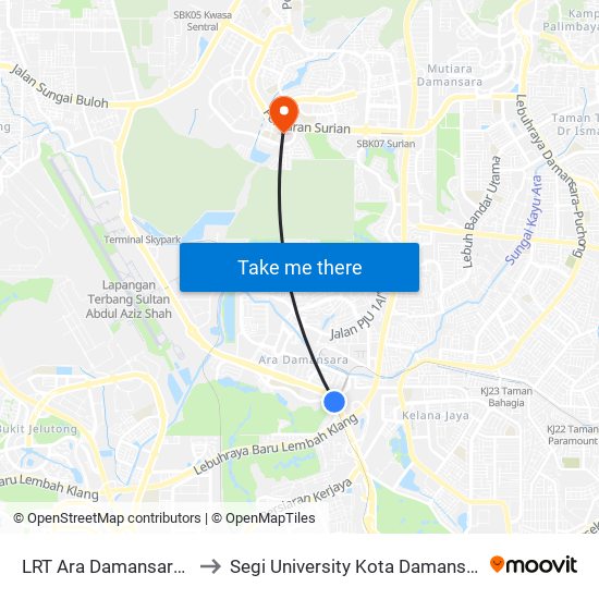 LRT Ara Damansara (Pj610) to Segi University Kota Damansara Campus map